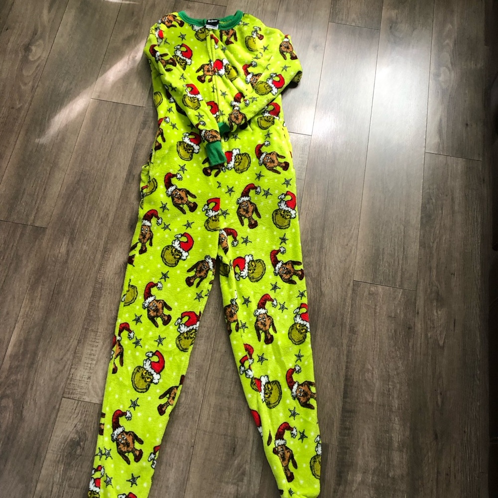 Dr. Seuss Bright Lime Green Grinch Print Footed One-Piece